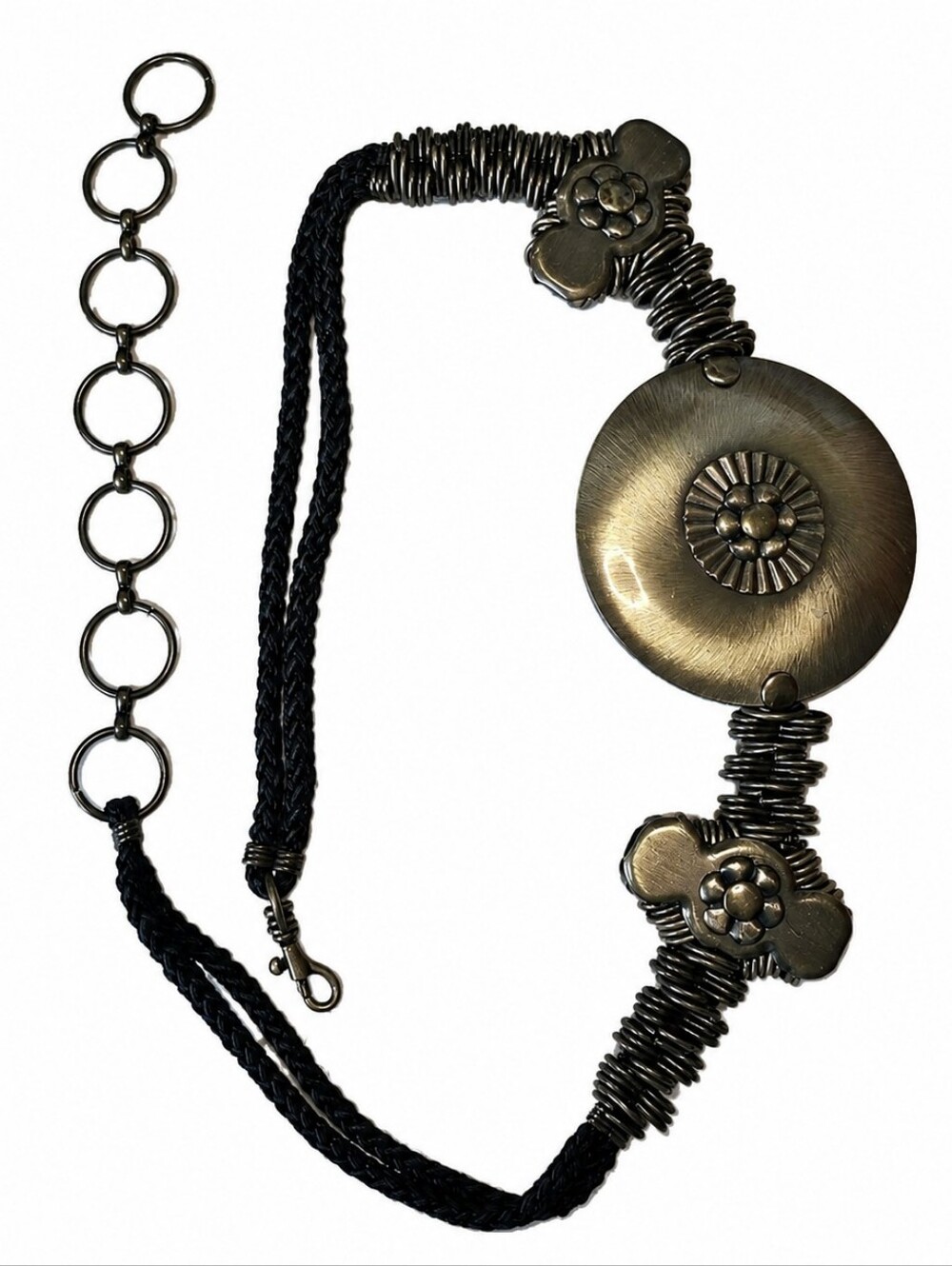 Vintage Boho Gunmetal Medallion Braided Waist Belt Adjustable Korea - Picture 2 of 7